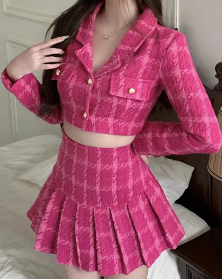 Women's pink tweed 2 piece jacket and mini skirt outfit set