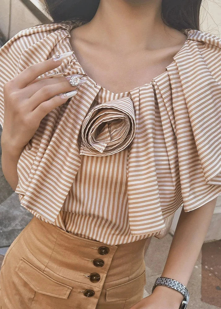 Brown pin striped ruffle trim top 