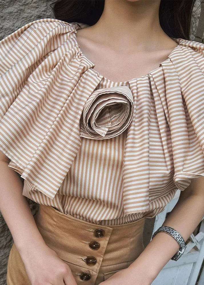 Brown pin striped ruffle trim top 