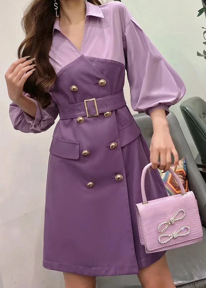 Women's purple puff sleeve trench dress 