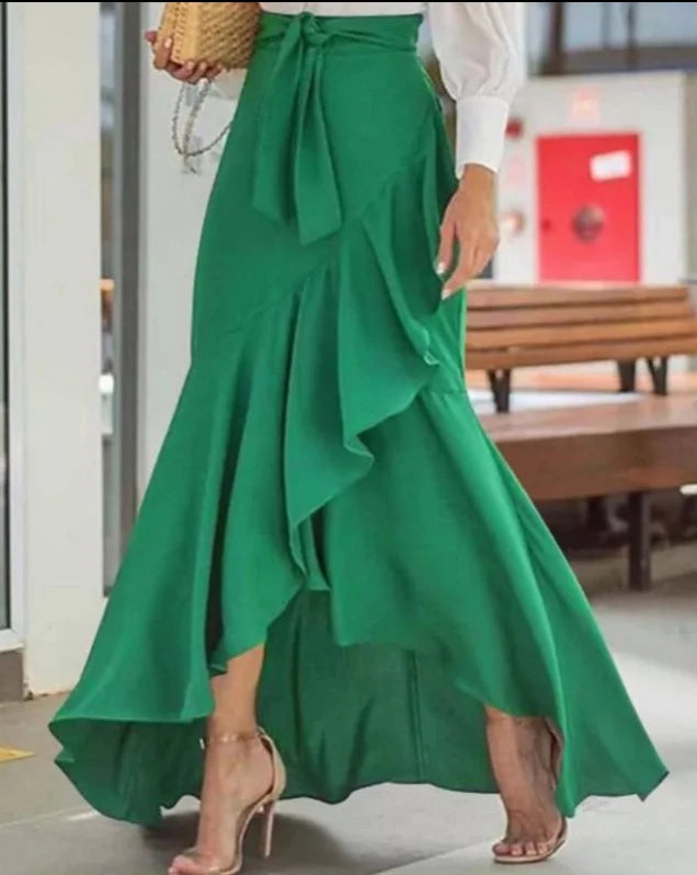 Women's green high waist high-low maxi skirt