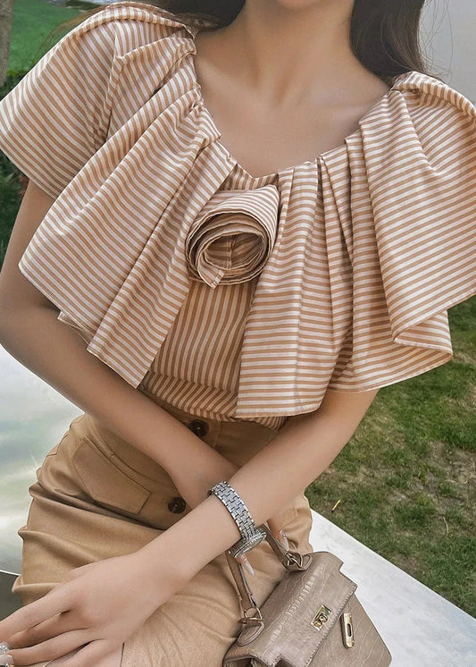 Brown pin striped ruffle trim top 