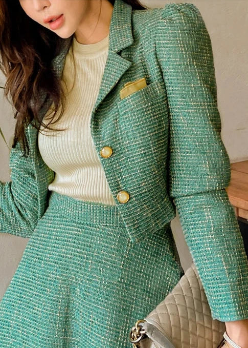 Women's tweed green blazer and A-line midi skirt 2-piece outfit set