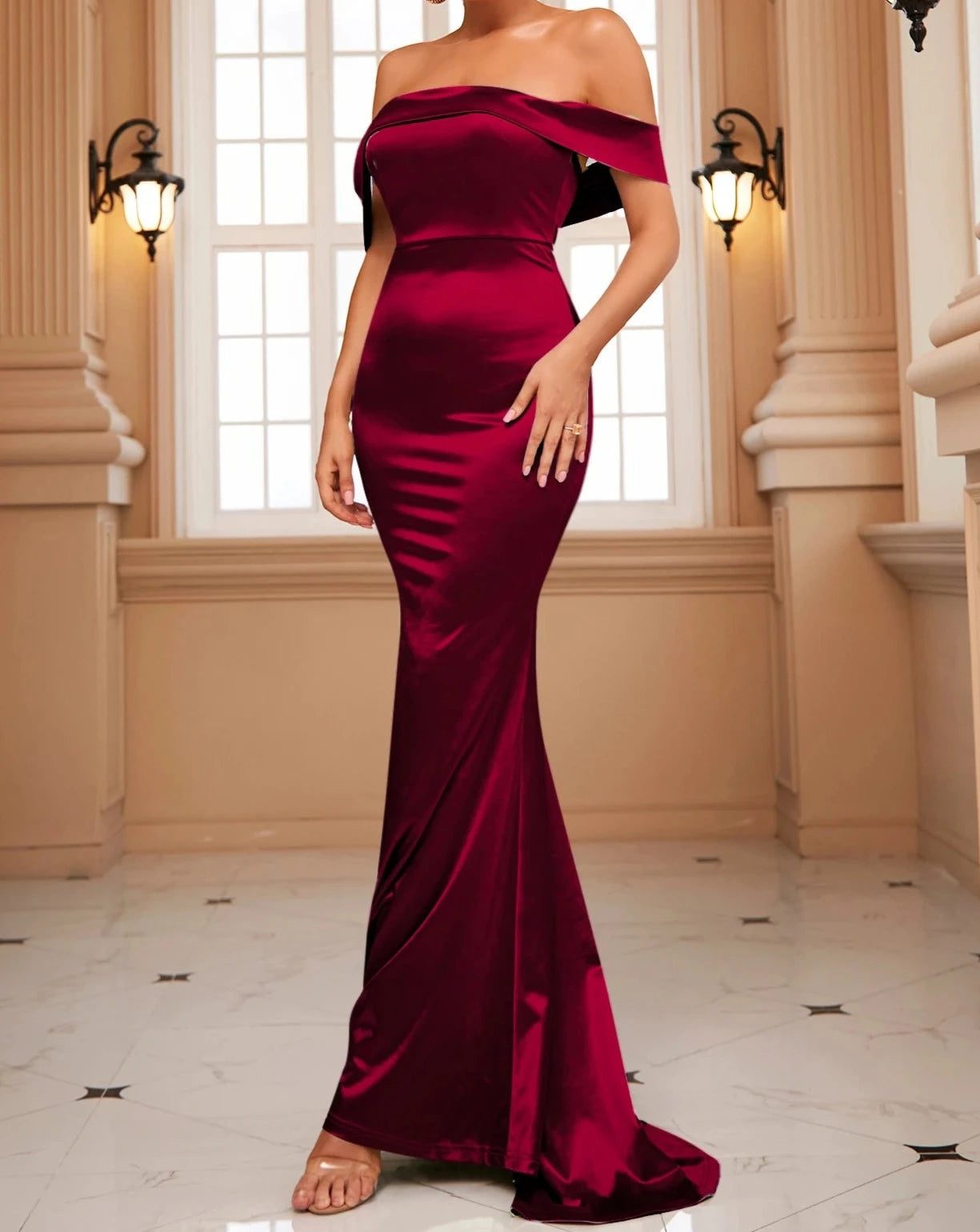 Women's off the shoulder red gown