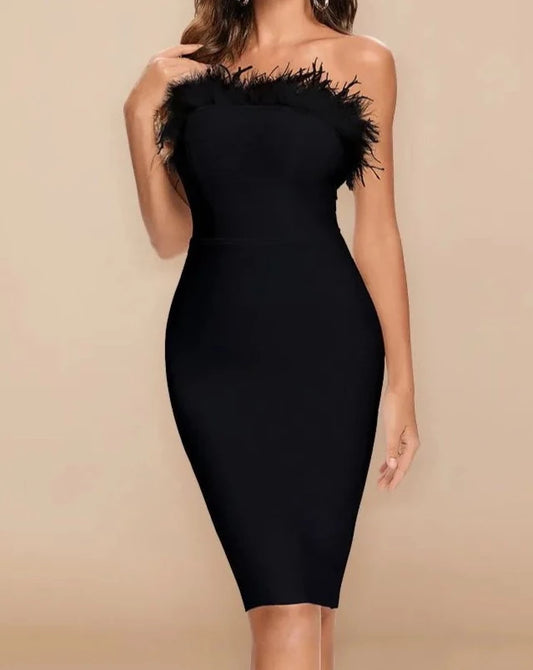 Women's black feather trim strapless dress 