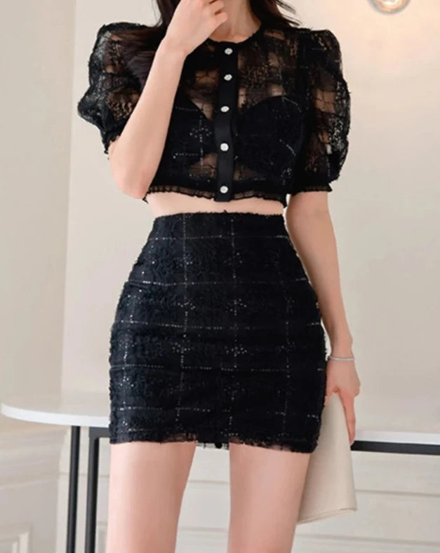 Women's puff sleeve lace top and mini skirt 2 piece set