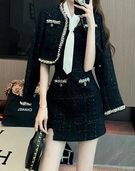 Women's black and white contrast tweed mini dress 2 piece set