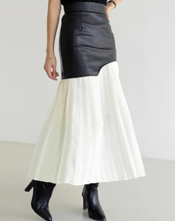 women's high waist maxi faux leather and pleated skirt