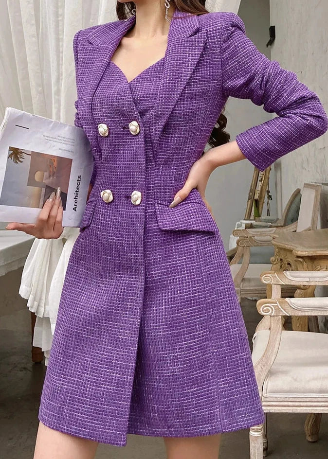 Women's purple tweed double breasted mini dress