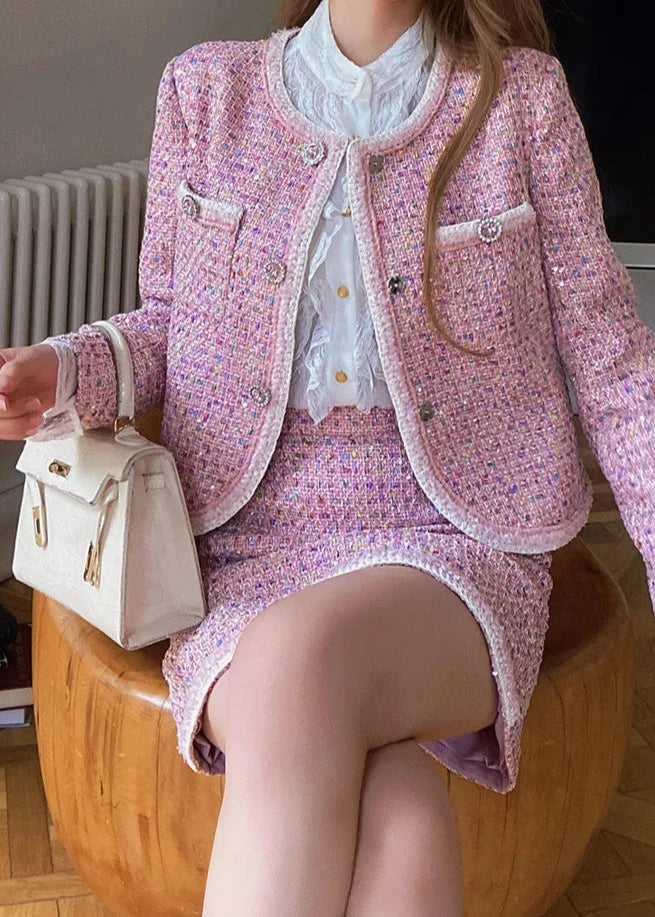 women's pink metallic tweed jacket and skirt  piece set