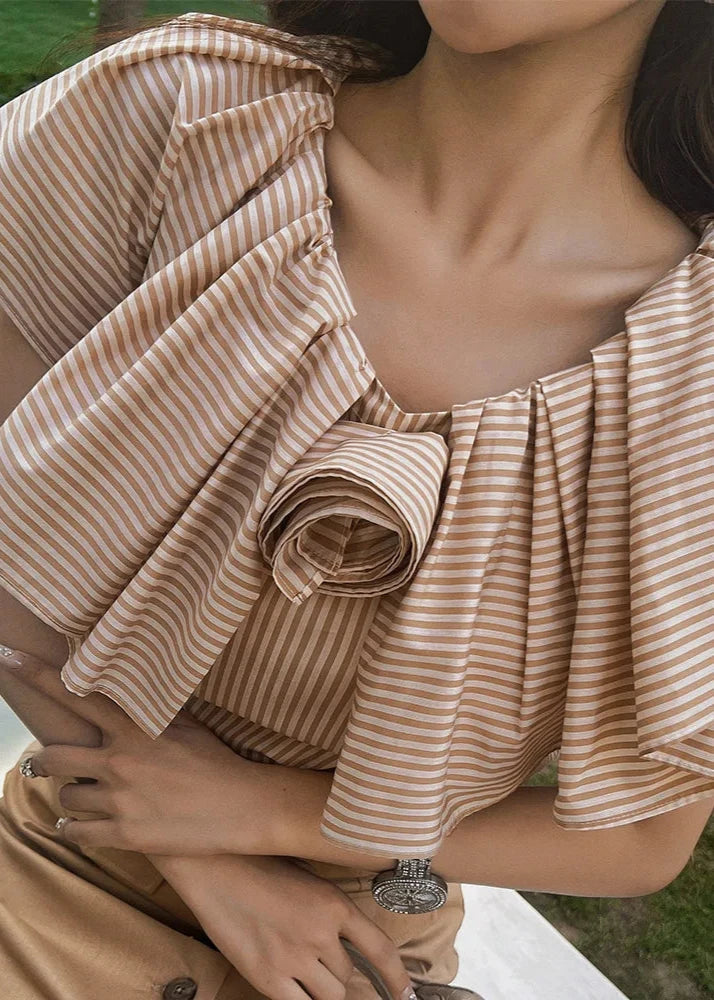 Brown pin striped ruffle trim top 