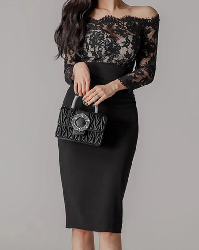 Women's black lace off the shoulder midi sheath dress