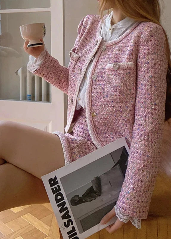 women's pink metallic tweed jacket and skirt  piece set