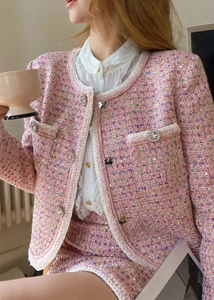 women's pink metallic tweed jacket and skirt  piece set