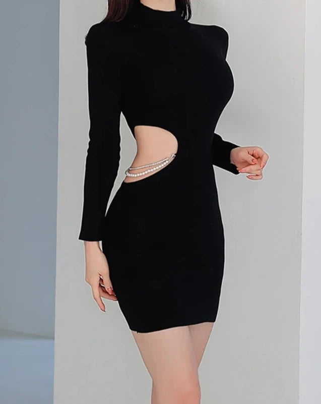 Women's black mock neck cut out long sleeve mini dress