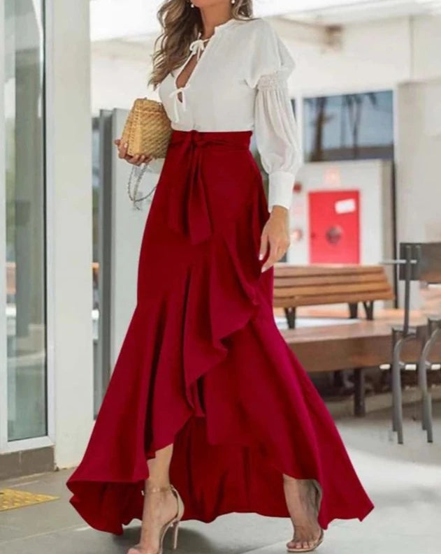 Women's red high waist high-low maxi skirt