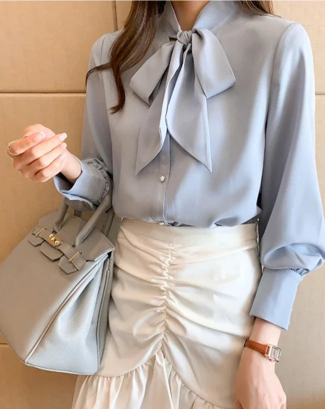 Women's blue tie-neck long sleeve blouse