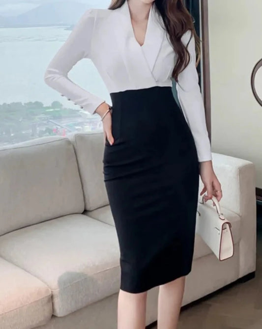 Women's black and white long sleeve sheath dress