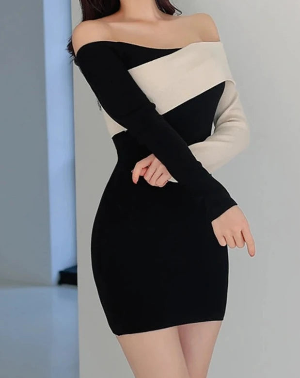 Women's black and white color block off the shoulder  mini dress