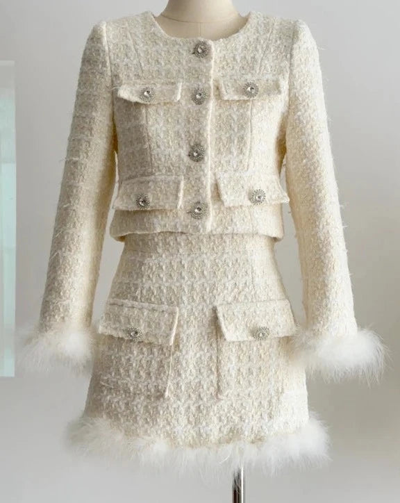 Women's white tweed jacket and skirt two piece outfit set