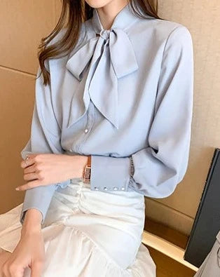 Women's blue tie-neck long sleeve blouse