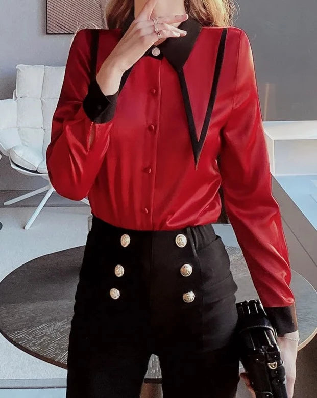 Women's red collared long sleeve shirt