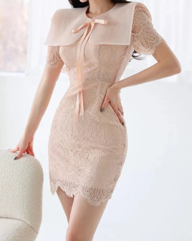 Women's pink lace overlay short sleeve mini dress