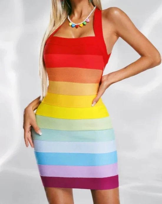 Women's sexy rainbow color bodycon minidress 