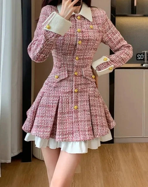 Women's pink tweed pleated mini dress