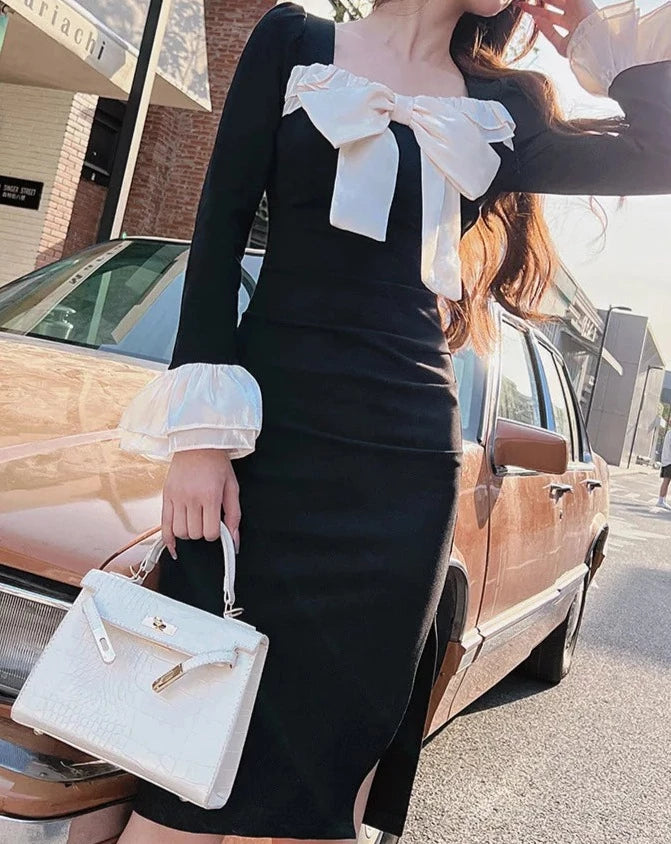 Women's black and white bow long sleeve dress