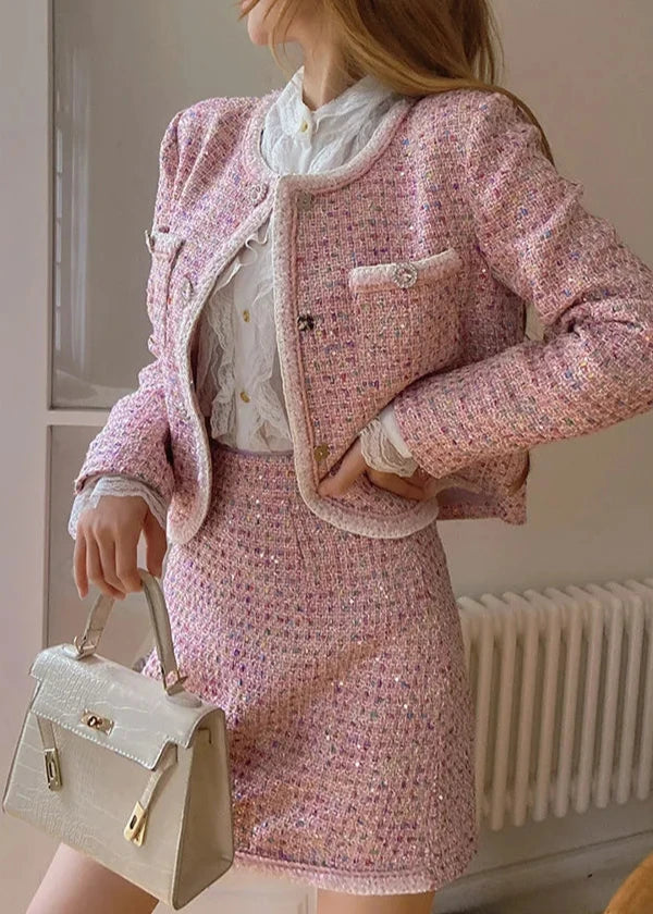 women's pink metallic tweed jacket and skirt  piece set