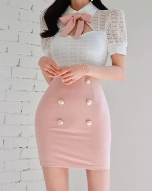 Women's white and pink lace and crepe short sleeve mini dress