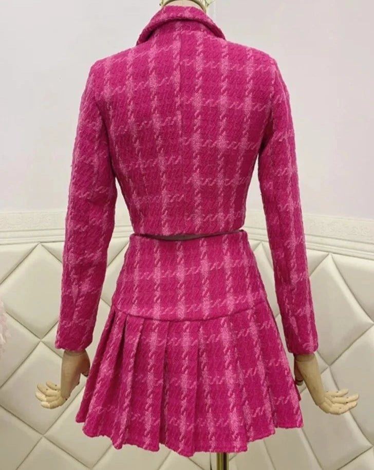 Women's pink tweed 2 piece jacket and mini skirt outfit set