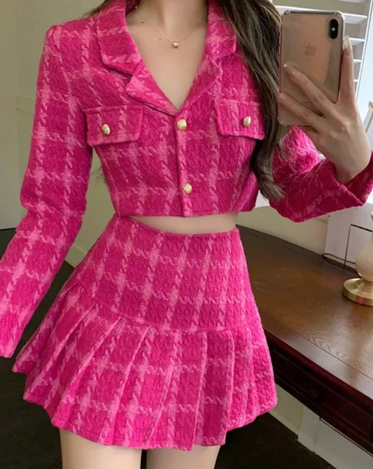 Women's pink tweed 2 piece jacket and mini skirt outfit set