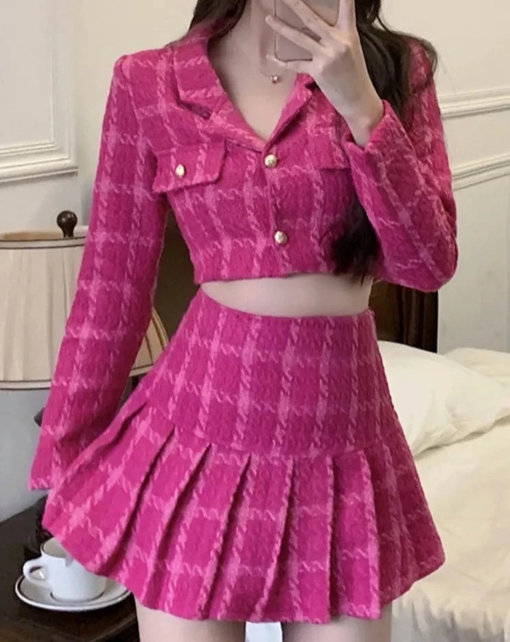 Women's pink tweed 2 piece jacket and mini skirt outfit set
