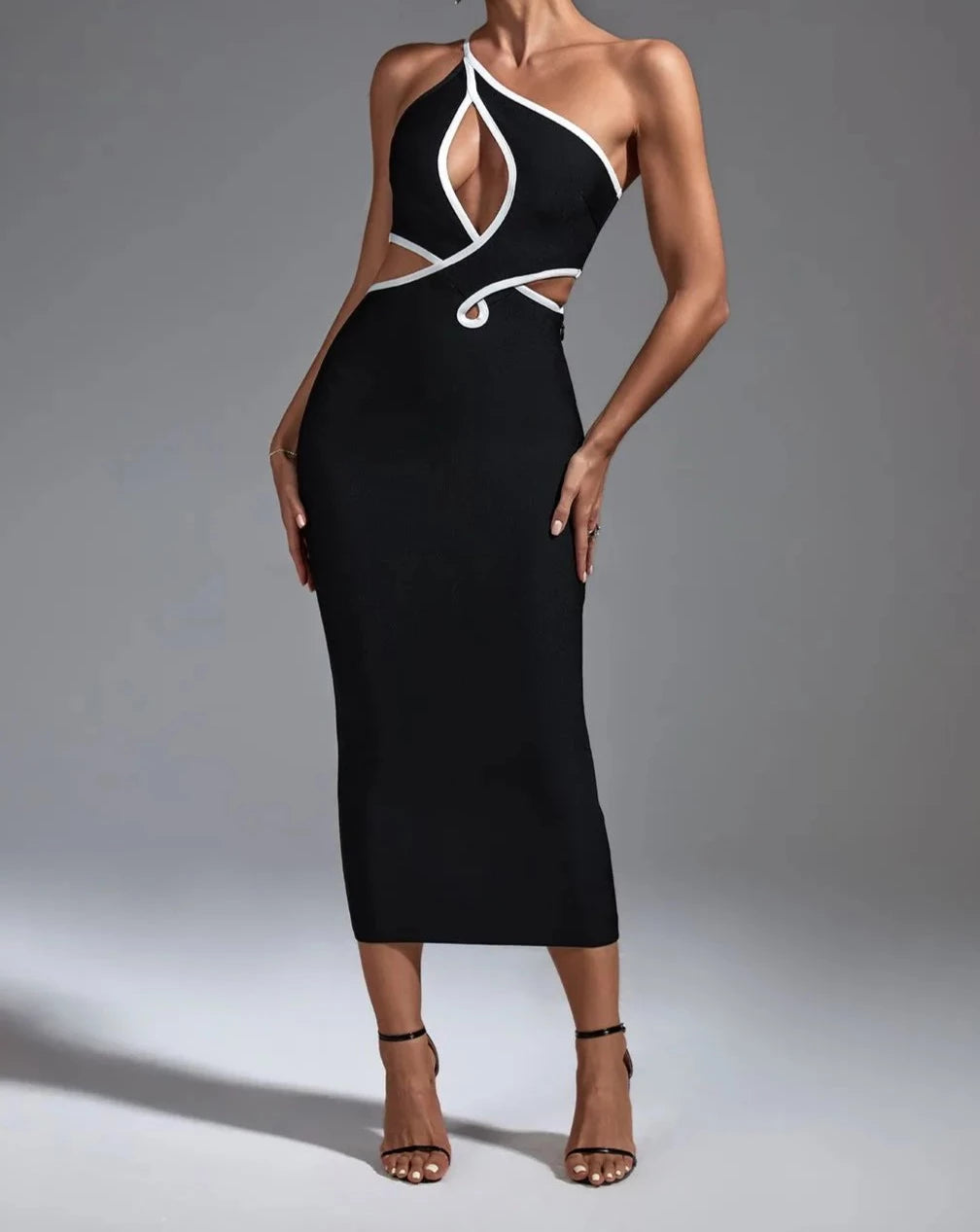 Women's black and white one shoulder halter neck bandage midi dress