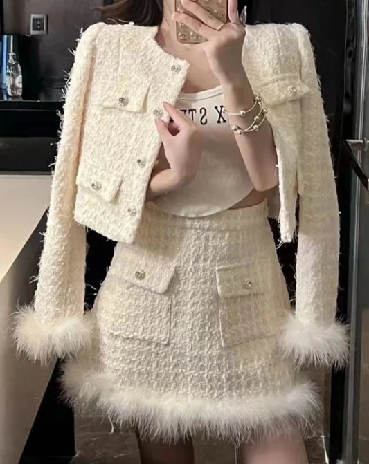 Women's white tweed jacket and skirt two piece outfit set