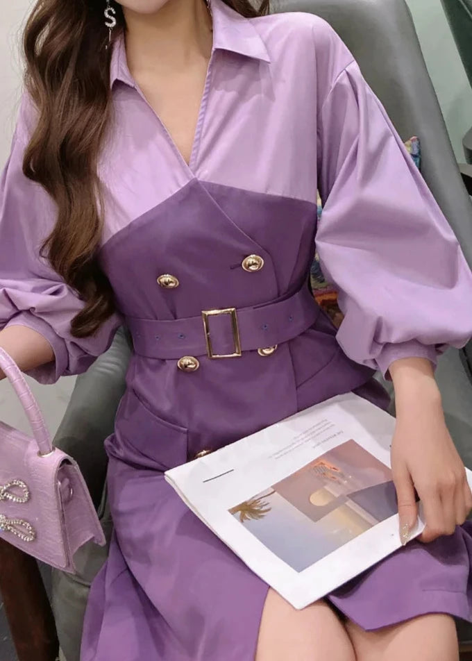 Women's purple puff sleeve trench dress 