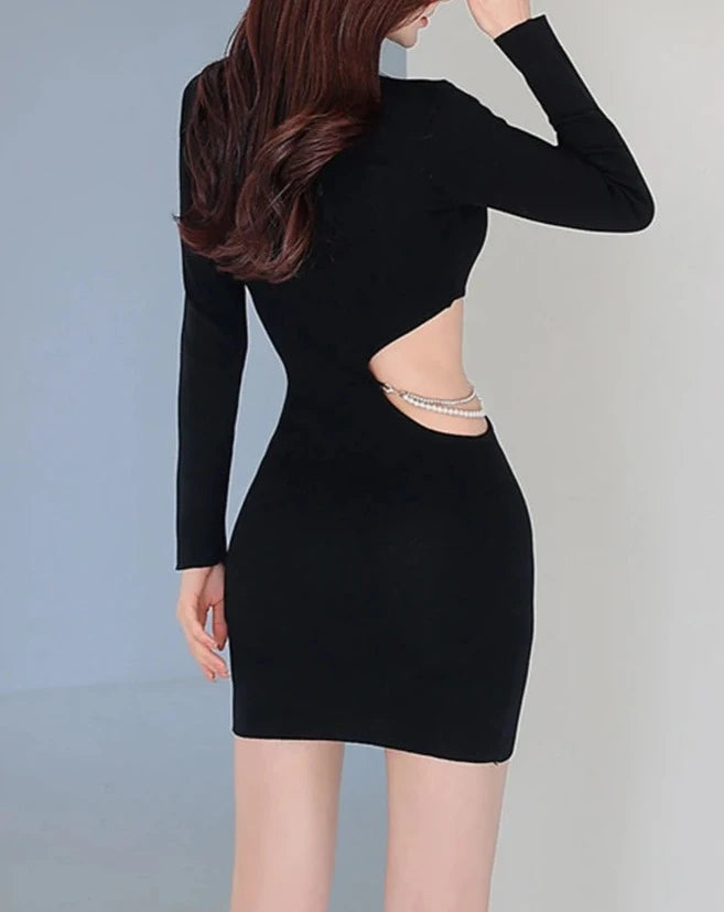 Women's black mock neck cut out long sleeve mini dress