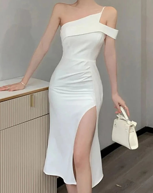 Women's asymmetrical one shoulder midi dress with high side slit