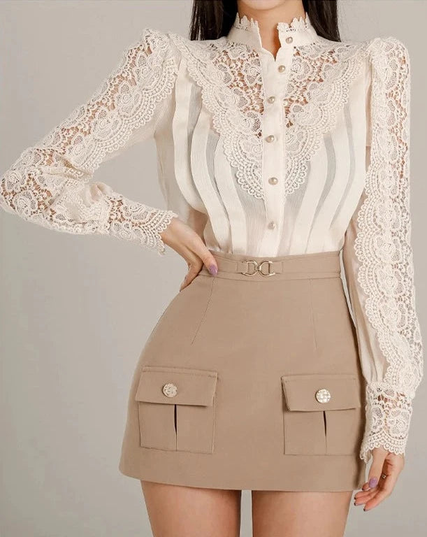 Women's beige top and pocket front mini skirt set