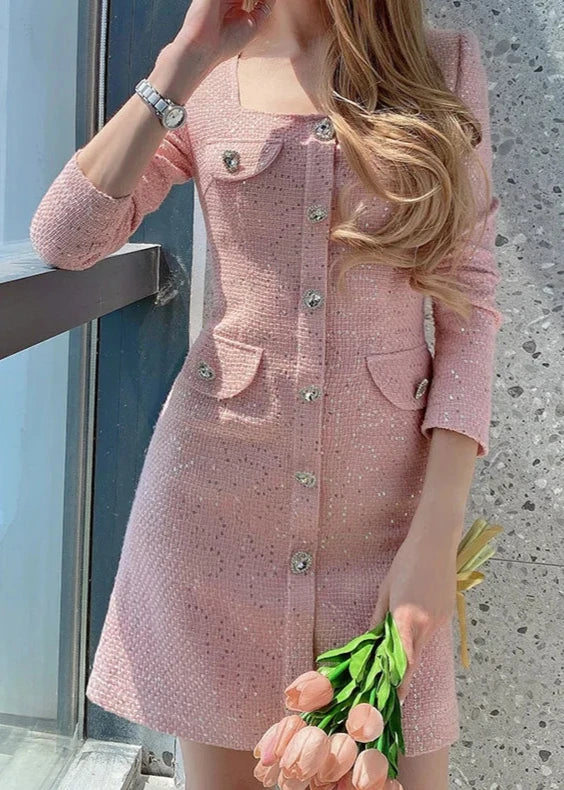 Women's metallic tweed square neck long sleeve minidress