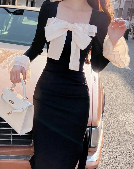 Women's black and white bow long sleeve dress