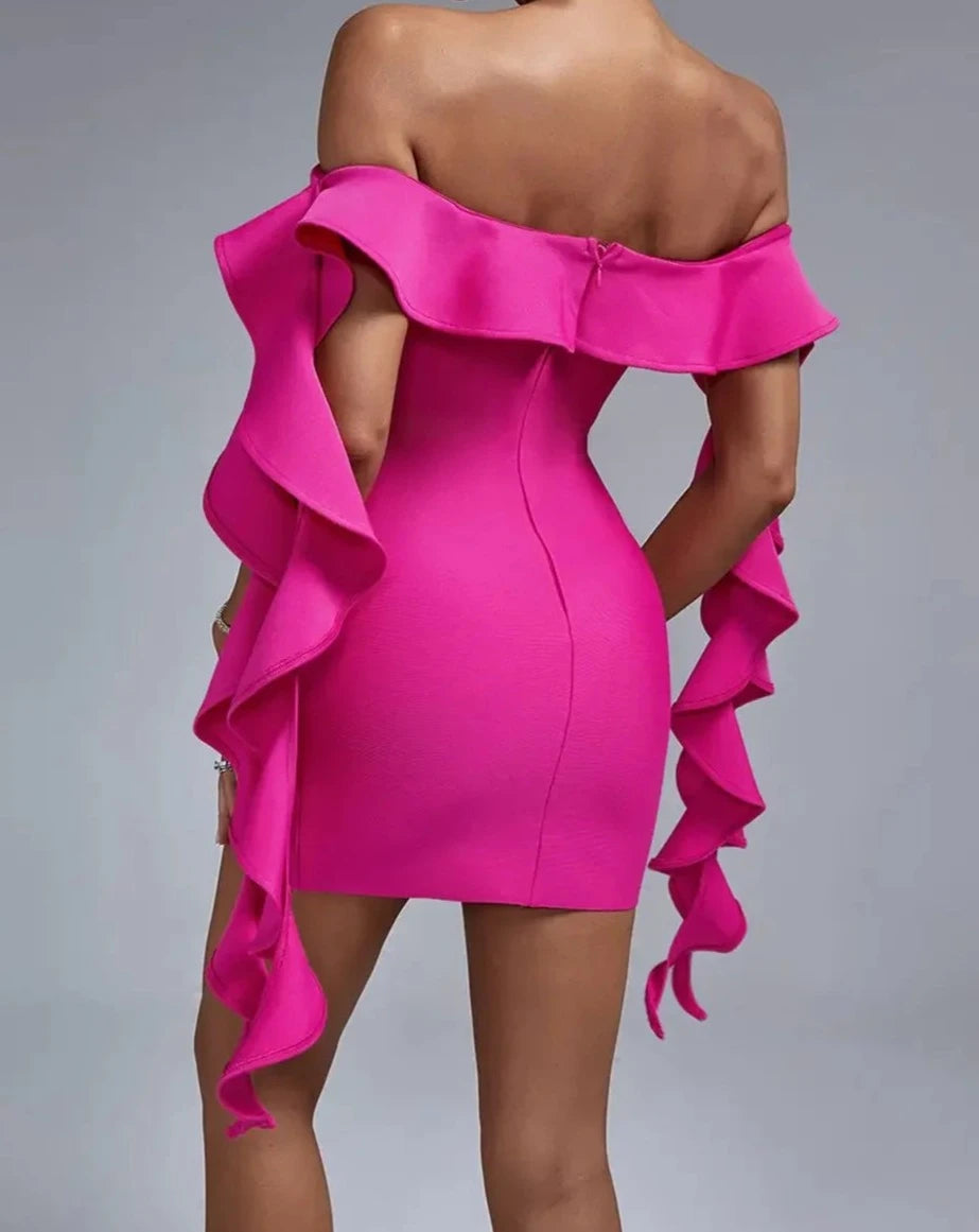 Women's pink off the shoulder ruffle trim mini dress