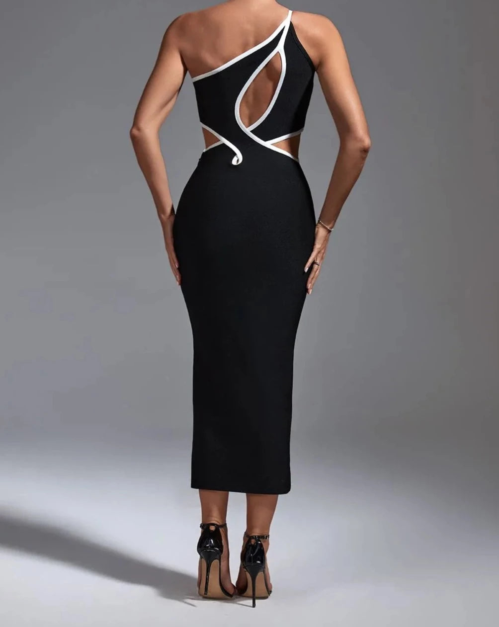 Women's black and white one shoulder halter neck bandage midi dress