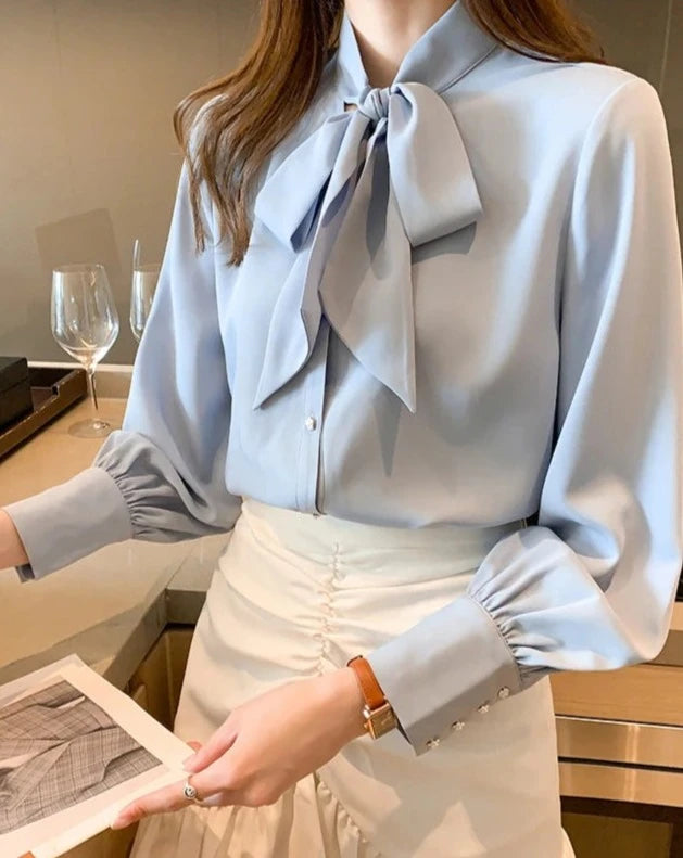 Women's blue tie-neck long sleeve blouse