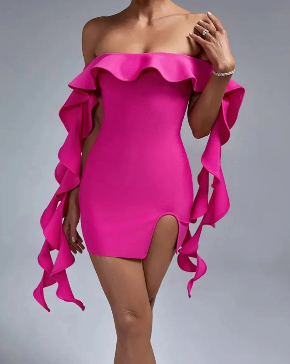 Women's pink off the shoulder ruffle trim mini dress