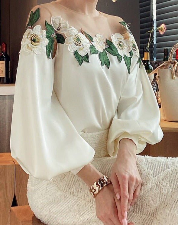 Women's white puff long sleeve blouse