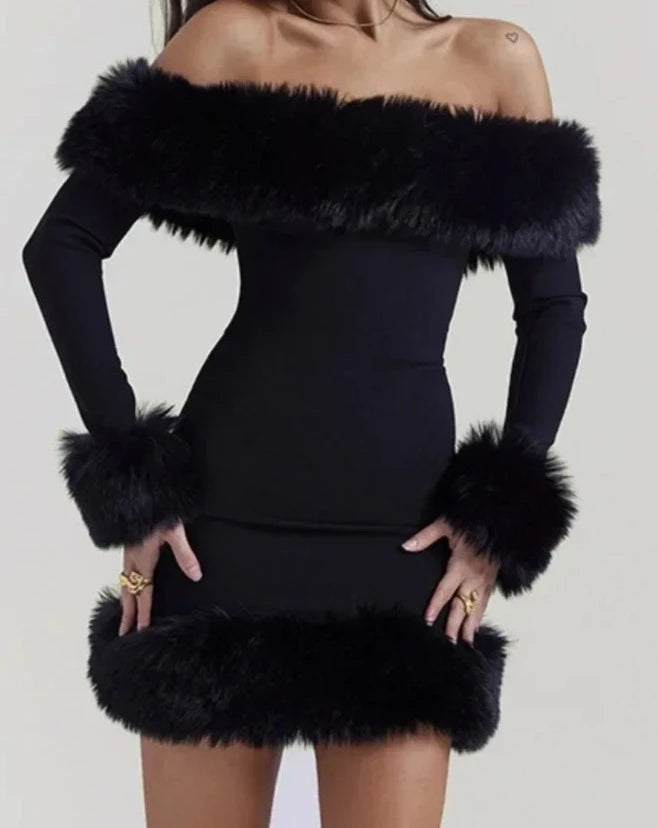 Women's black fur trim off the shoulder  long sleeve mini dress