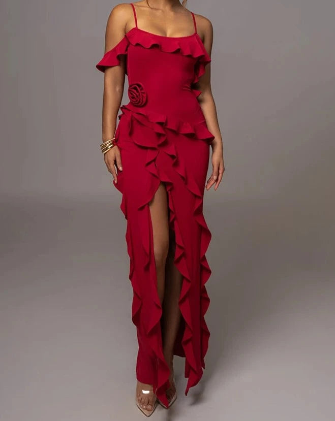 Women's ruffle trim spaghetti strap maxi dress